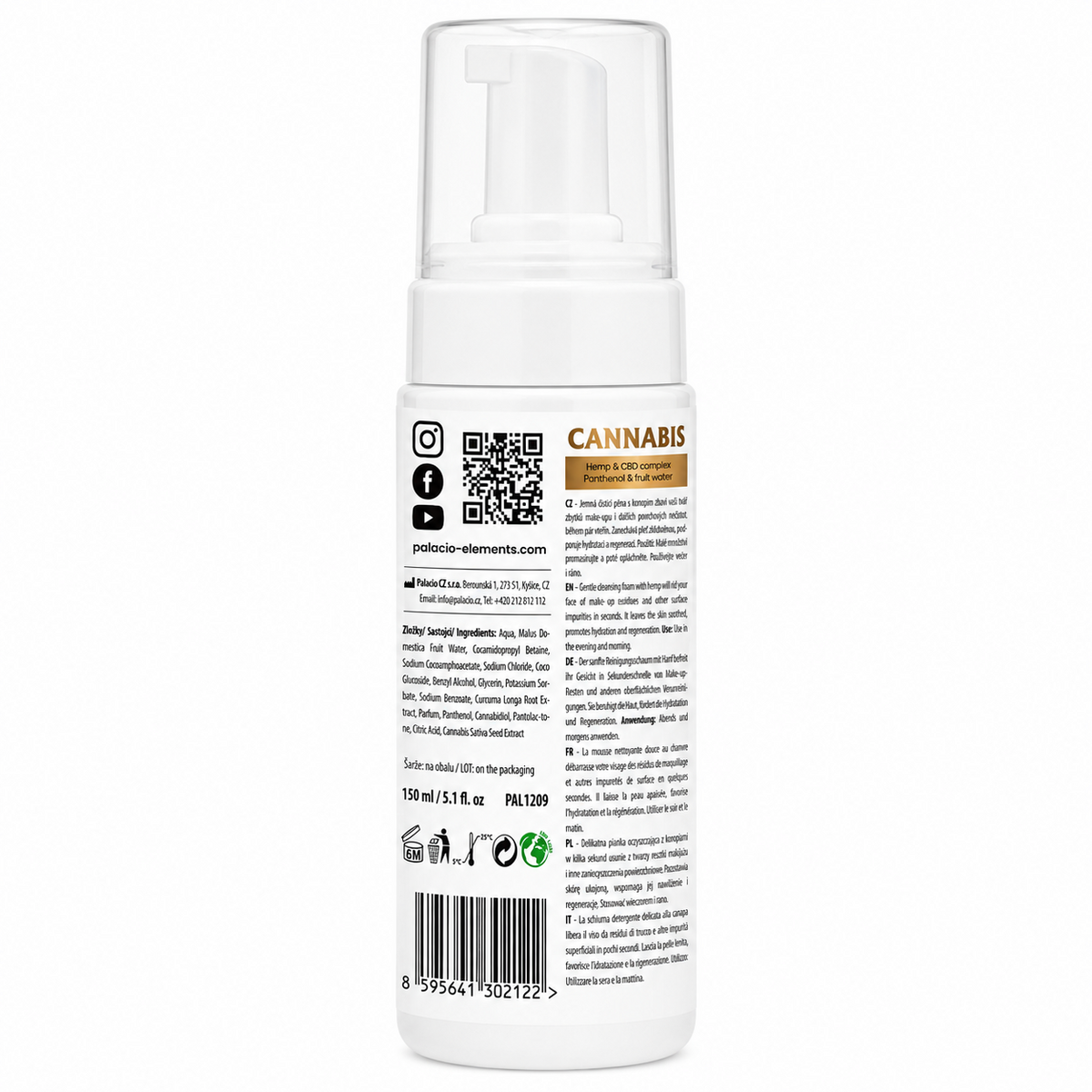 Mousse Nettoyante Visage au Chanvre & CBD, 150 ml Palacio - CBDelys