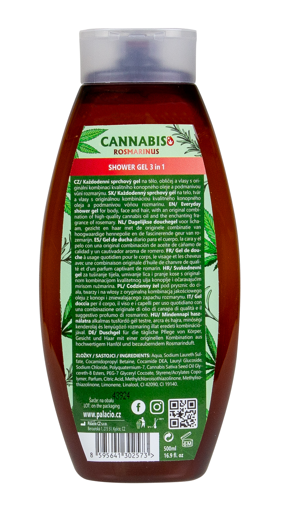 Gel Douche Cannabis & Romarin 3-en-1, 500 ml Palacio - CBDelys