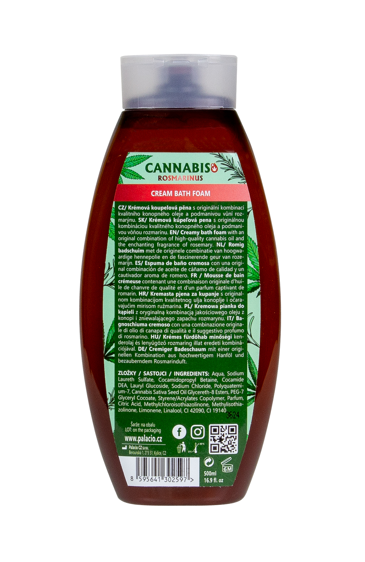 Cannabis Rosmarinus : bain moussant à l'huile de chanvre, 500 ml Palacio - CBDelys